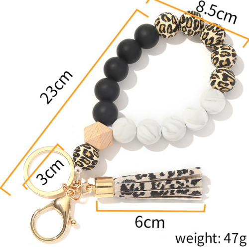 Custom Tassel Silicone Leopard Beaded Bracelet Keychain