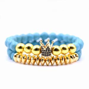 Fake Gold Crown Charm 8MM Turquoise Bracelet Set