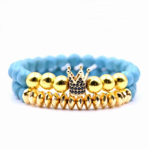 8 MM Howlite Beads Gold Crown Alloy Charm Bracelet for Women