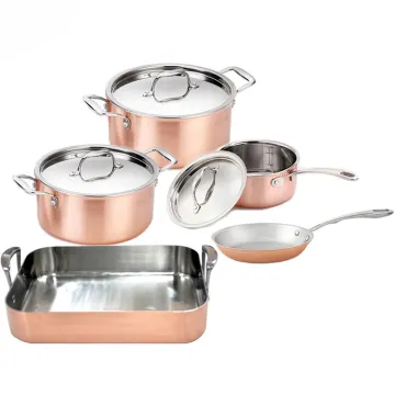 Tri-ply Copper Cookware Set with Rectangular Grill Pan for Induction Cooking - Home Kitchen Set