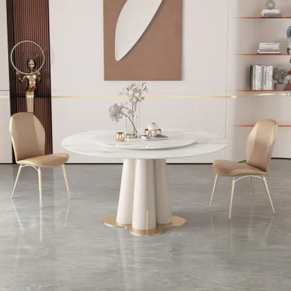 Modern Minimalist Luxury Rock Slab Round Dining Table with Turntable