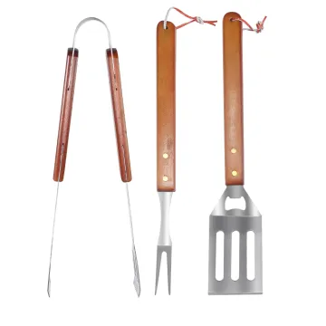 3-Piece Stainless Steel BBQ Tool Set: Outdoor Barbecue, Camping Grill Utensils with Wooden Handle