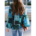 Women's Chiffon Boho Print Puff Sleeve Shirt