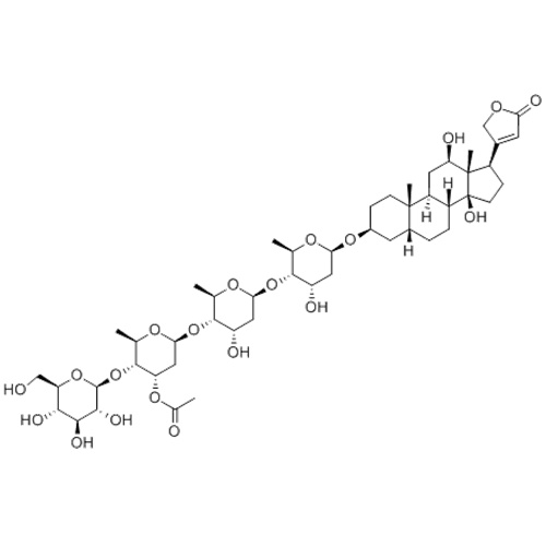 Nome: Card-20 (22) -enolide, 3 - [(ObD-glucopiranosil- (1®4) -O-3-O-acetil-2,6-dideoxy-bD-ribo-hexopyranosyl- (1®4) -O-2,6-dideoxy-bD-ribo-esopirranosil- (1®4) -2,6-dideoxy-bD-ribo-esopiranosil) ossi] -12,14-diidrossi -, (57271407,3b, 5b, 12b) - CAS 17575
