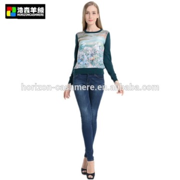 Round Neck Long Sleeve Pullover, Fancy Green Delicate Print Cashmere Pullover