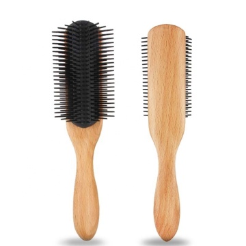 Custom Logo Natural Bamboo Handle 9 Rows Curly Hair Brush | Detachable Denman Style