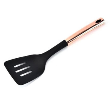Wide Kitchen Black Nylon Slotted Turner with Stainless Steel Rose Gold Handle