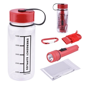 Kit di emergenza portatile 5 in 1 compatto con bottiglia d'acqua e tappo a vite di plastica per il campeggio