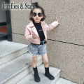 Spring Autumn girls PU jacket baby coat children outwear kids streetwear faux leather patch tutu mesh slanted zipper 2 to 7 yrs