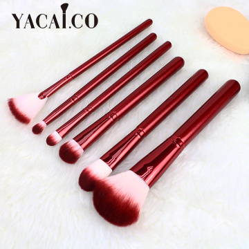 Set de pinceles de maquillaje de mango de madera rojo vino