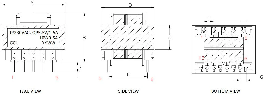 Niedrigfrequenz EI -Typ 5VA/6VA/8VA/9VA/10VA Vakuumfüllung Mini -Leitermontage eingekapselter Transformator