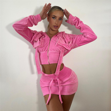 Peach Hip Lace-Up Skirts and Pocket Hooded Zip Jacket 2-Piece Velvet Streetwear Set for Women