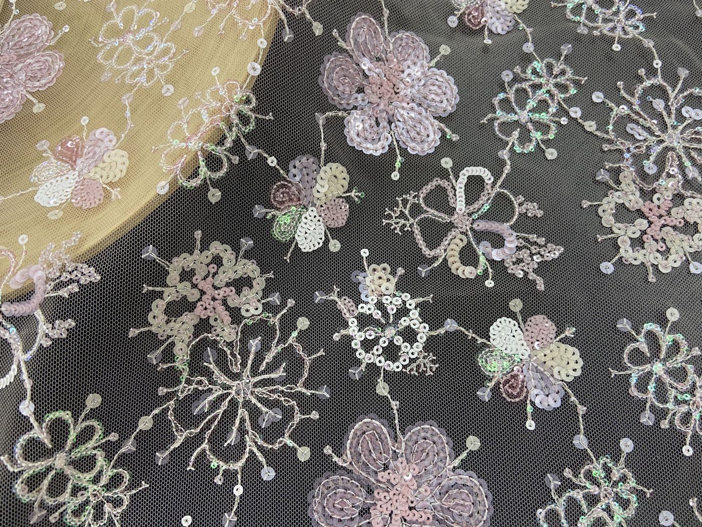 Pink-Series Blossoms Sequin Embrodiery Fabric