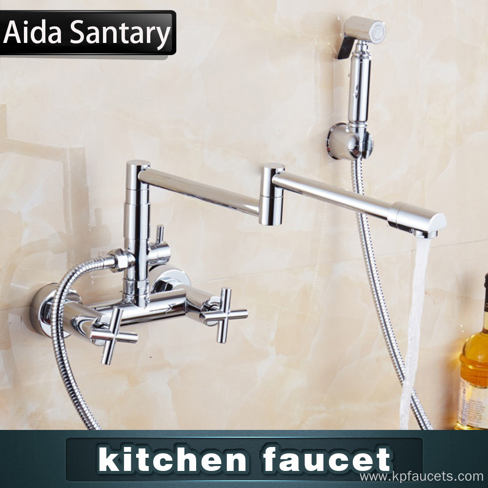 Kitchen faucet with shattaf sprayer commercial wall mount folding