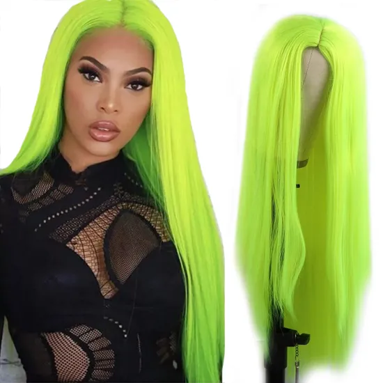 Fluorescent Green Long Straight Synthetic  Wigs Light Green Wig Middle Part good omens cosplay  Wigs for Women