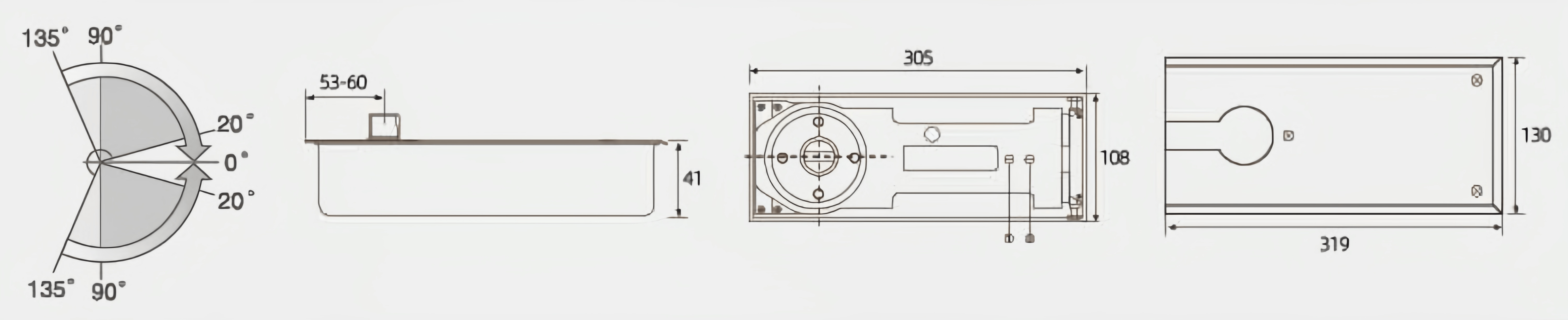 Hydraulic floor spring dimensional drawing with opening angle reference