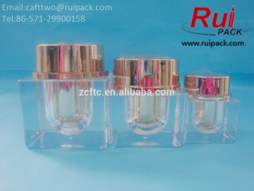 15g 30g 50g Square right angle double layers acrylic facial cream jars / containers with clear outer and golden inner cap