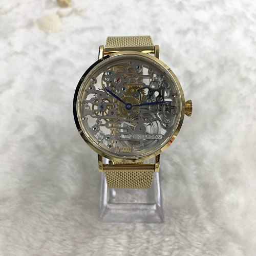 Logo Custom Transparan Gold Stainless Steel Mechanical Watch