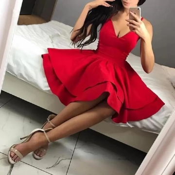 Short Red Prom Dresses with Layered Ruffles | Simple Satin V Neck Dresses for Graduation and Formal Events