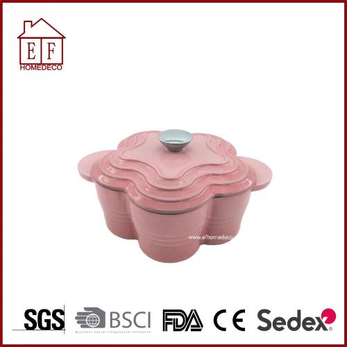 Pink enamel cast iron flower casserole with lid
