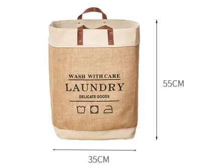 Jute canvas collapsible Laundry baskets waterproof laundry hamper with leather handles