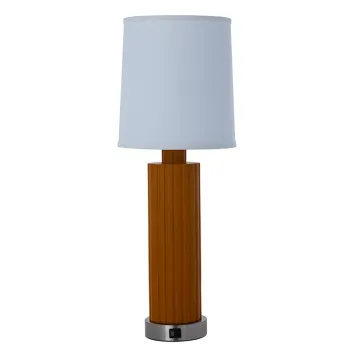 Modern Table Lamp with Outlets, USB Port, and Fabric Cylindrical Shade for Bedroom