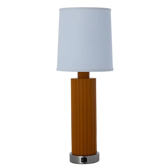 Modern Table Lamp with Outlets, USB Port, and Fabric Cylindrical Shade for Bedroom