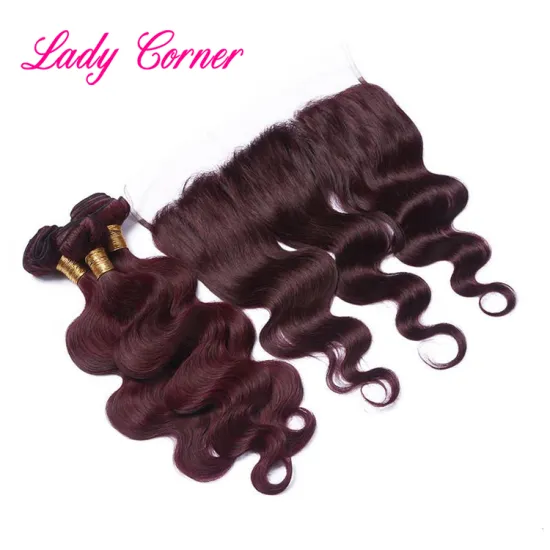 Alicheveux body wave burgundy two tone omber remy hair weaving with cloaure