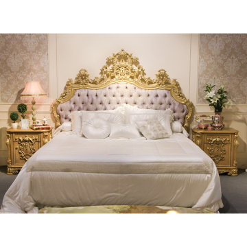 JS French European Hand Carved Golden Upholstered King/Queen Size Bed with Nightstand