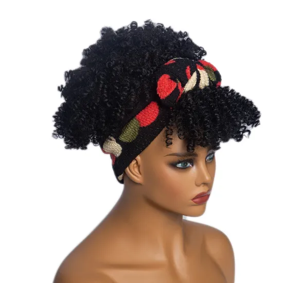 Wholesale Short Afro Kinky Curly Headband Wig with Bangs Black Synthetic Hair Wigs for Black Women Natural Looking Daily Party