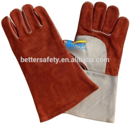 Long Brown cow split leather welding gloves With Aramid Stiching