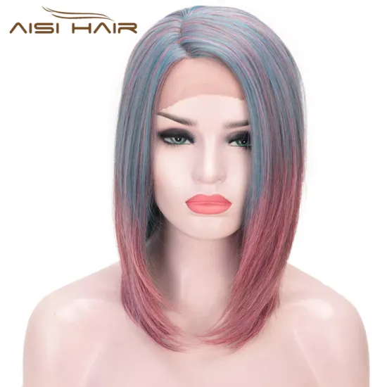 Aisi Hair Short Blue Mixed Pink Wig Straight Silky Front Lace Wig Cosplay Short Bob Lace Front Hair Wigs For Black White Women