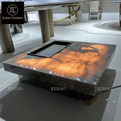 Il Italian Luxury Square Marble Coffee Table with Translucent Onyx and Backlit Patagonia Marble