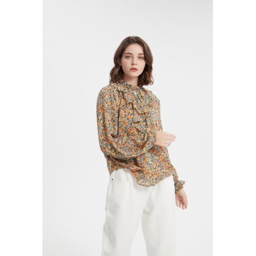 Floral Print Ruffle Stand Collar Shirt Leisure blouse