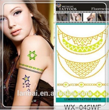 2015 hot sale new design color gold glow in the dark metallic body necklace Tattoos