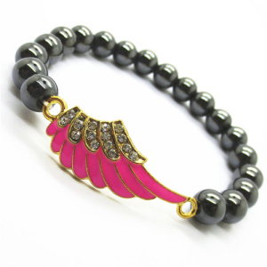 Hematite 8MM Round Beads Stretch Gemstone Bracelet with Diamante alloy Wing Piece