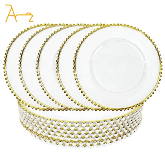 Wholesale Bulk Gold and Silver Beaded Rim Plastic Clear Charger Plates for Wedding Decorations and Parties