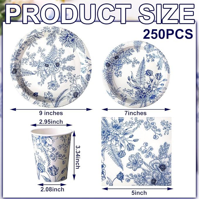 250 - piece Blue Disposable Plates and Napkins Set with Floral Pattern