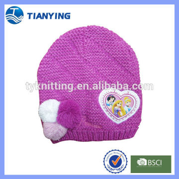 pink applique pom kids crochet woven beanie