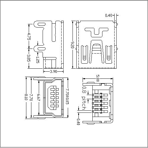 NUFM07 7 Mini USB 5P Receptacle SMT B Type(Shell DIP 4Legs) 