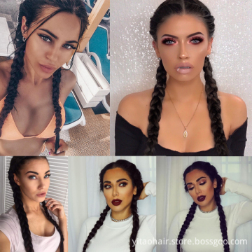 wholesale Long Double Braids 4x Twist Natural Black Synthetic Braided Lace Front Wig with Baby Hair Heat Resistant 32inch