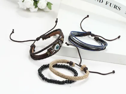 Multi Layers Wooden Bead Bracelet Eye Charm Leather Bangle