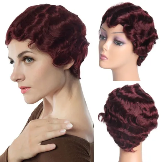 Wholesale Short Finger Wave Curly Wigs For Black Women Machine Made None Lace Pixie Cut Human Hair Wig
