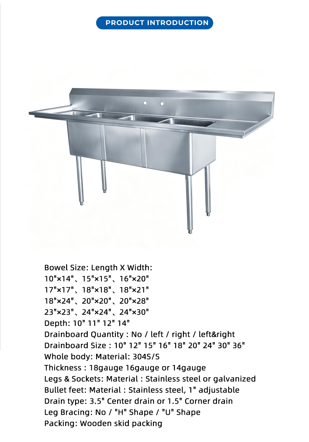 Triple Bowl Stainless Steel Sink with Dual Drainboards X