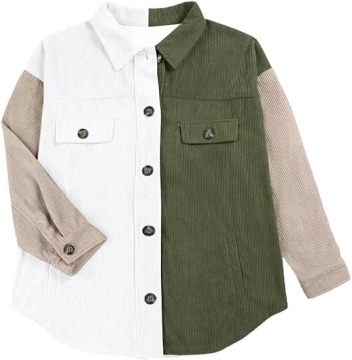 Women's patchwork color corduroy shirt buckle shirt pocket long sleeve jacket
