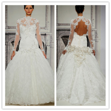2014 Bridal Gowns Sexy Keyhole Back Beaded Lace High Neck Sheer Long Sleeves Dropped Wedding Dress