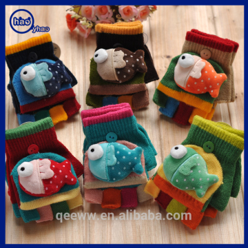 Yhao custom 3d fish half fingers winter warm knitting gloves with flip top wholesale colorful fingers glove for kids