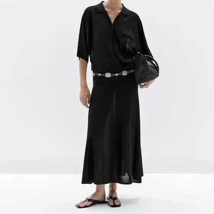 Women's urban minimalist commuting style bat sleeve knitted polo shirt