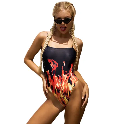 2021 Vacation Swimwear Beach One Piece Swimsuit Brazilian Summer Sexy Flame Printing Chain Bikini Swimsuit