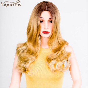 Vigorous Top Quality Long Ombre Dark Root To Blonde Wig Body Wavy Synthetic Wigs For White Women High Temperature